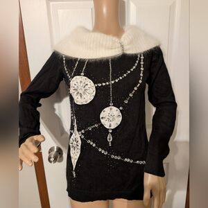 Berek Black Sweater with White Beaded Design- Small, Vintage, Holiday